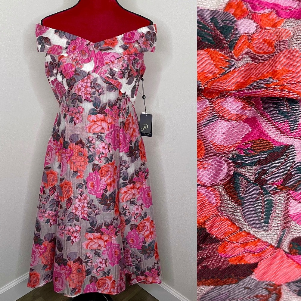 Adrianna Papell Bright Floral Jacquard Off-the Shoulder Dress Size 14
